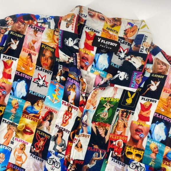 Playboy by Pacsun Button Up Shirt Mens Sz L MultiColor Magazine Cover Runs Small